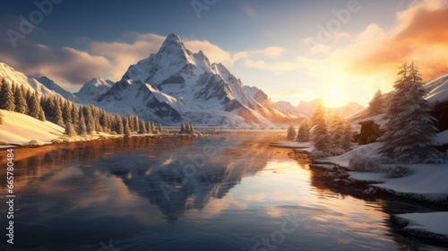 A majestic, snow-covered mountain range, with the sun setting over it and a few alpine lakes in the foreground