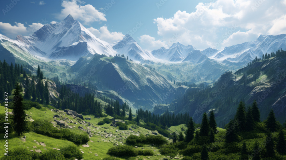 Obraz premium A majestic mountain range looms in the distance, its snow-capped peaks illuminated in the morning light The slopes are blanketed in a tapestry of green, and the valleys below are filled with mist