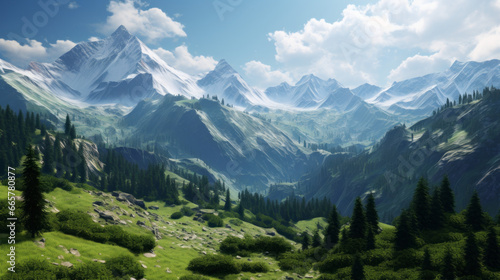 A majestic mountain range looms in the distance, its snow-capped peaks illuminated in the morning light The slopes are blanketed in a tapestry of green, and the valleys below are filled with mist