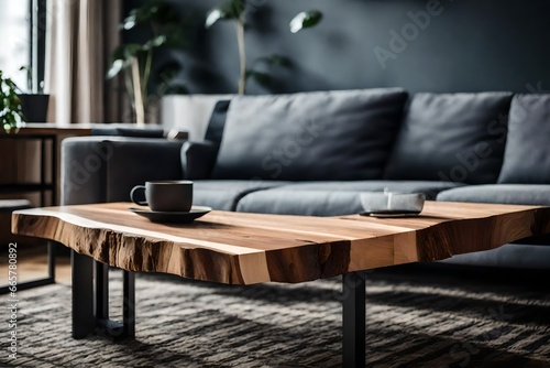 Close-up of a live-edge wooden accent coffee table next to a sofa. A contemporary living room's interior design