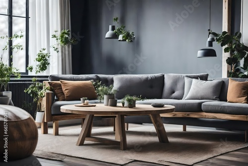 Rustic sofa with gray pillows and a round wood table. Modern living room interior design in a Scandinavian home
