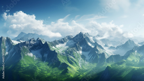 A majestic mountain range looms in the distance, its snow-capped peaks illuminated in the morning light The slopes are blanketed in a tapestry of green, and the valleys below are filled with mist