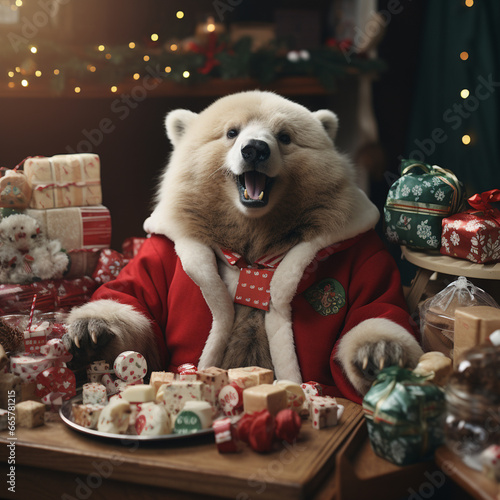 A cheerful bear wearing a cute Christmas dress and a Santa hat, surrounded by festive decorations.