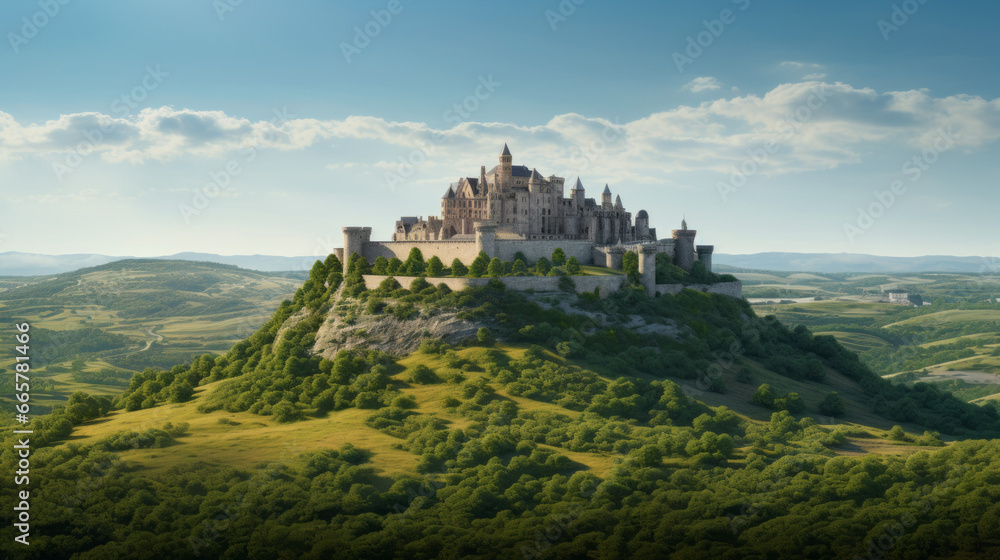 A majestic castle perched atop a hill overlooking the countryside
