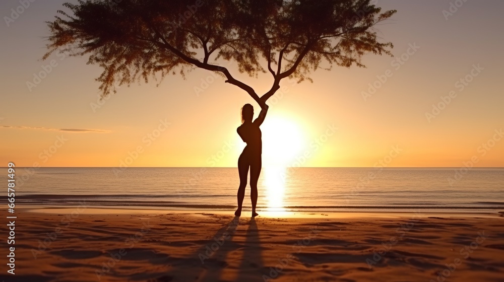 photos Realistic photo of a yoga woman on the beach with sunset view