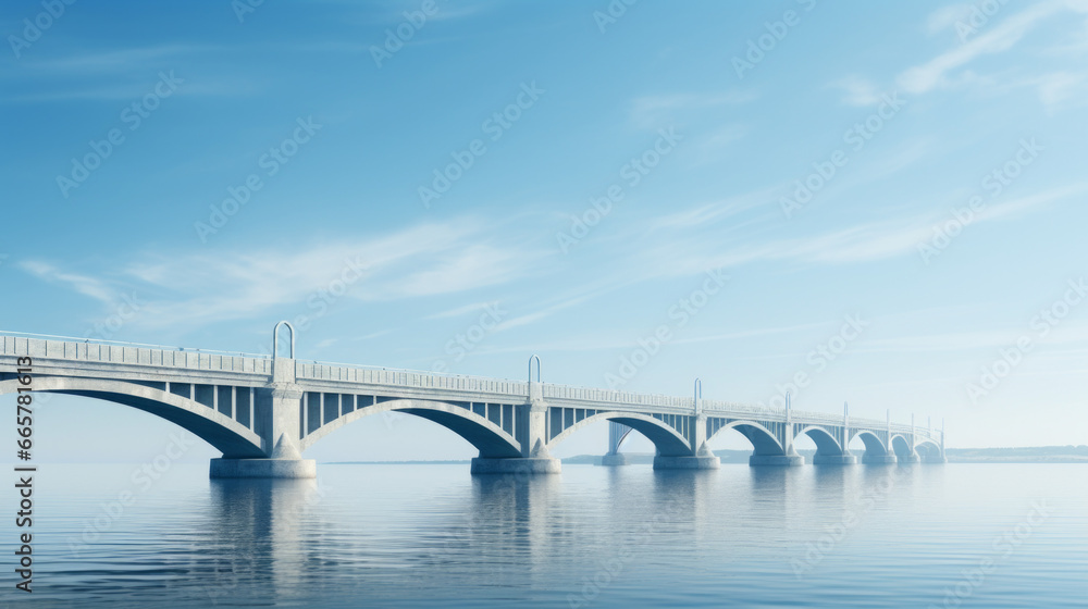 A majestic bridge stands tall against a bright blue sky, spanning a wide expanse of calm waters