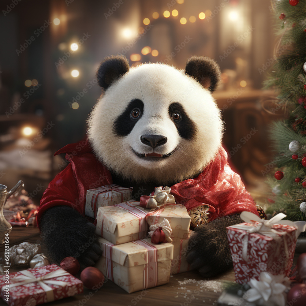A cheerful panda wearing a cute Christmas dress and a Santa hat, surrounded by festive decorations. A cheerful panda wearing a cute Christmas dress and a Santa hat, surrounded by festive decorations.