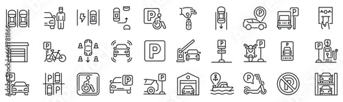 Set of 30 outline icons related to parking. Linear icon collection. Editable stroke. Vector illustration
