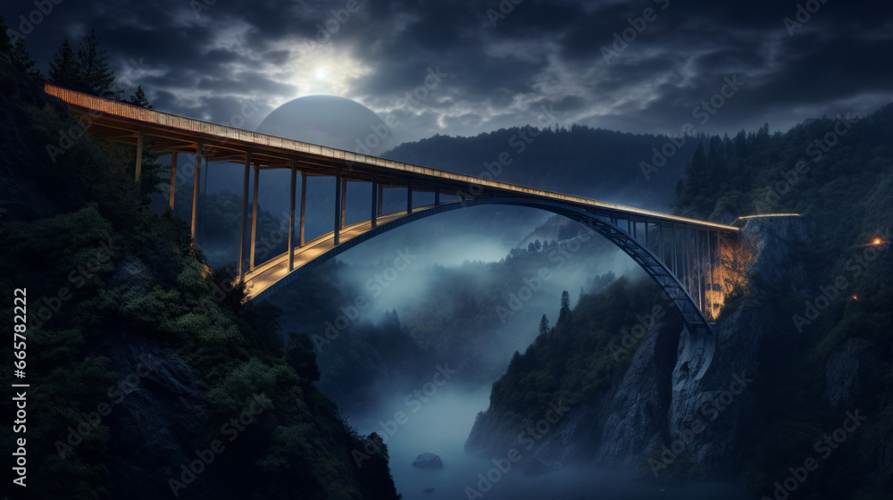 A majestic bridge spans a deep ravine, its towering span creating a beautiful silhouette against the night sky - obrazy, fototapety, plakaty 