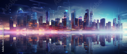 Futuristic cybernetic city background with reflection