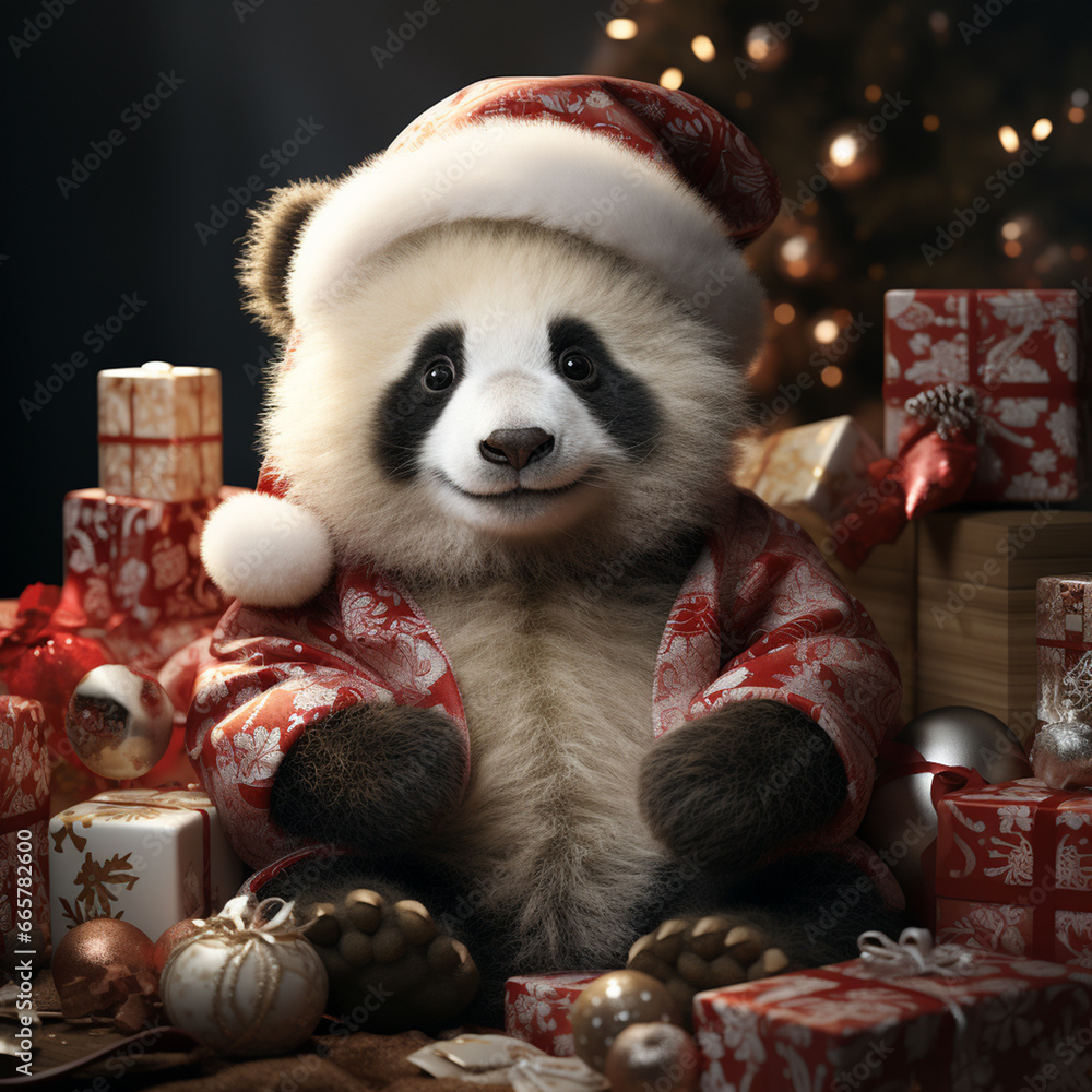 A cheerful panda wearing a cute Christmas dress and a Santa hat, surrounded by festive decorations.