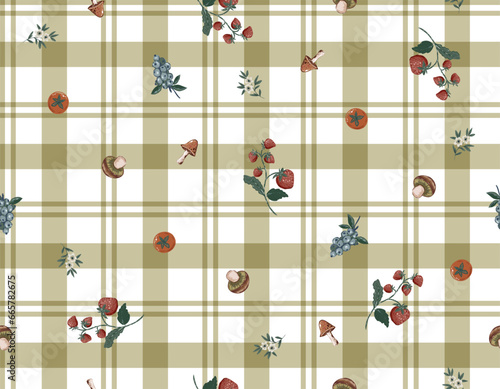Vintage floral Design farm fruit  , Vegetables Small  floral liberty kitchen towel and tablecloths inspired Seamless Pattern Vector on plaid check,