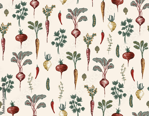 Vegetable seamless pattern. Hand drawn vintage vector background. Vegetarian