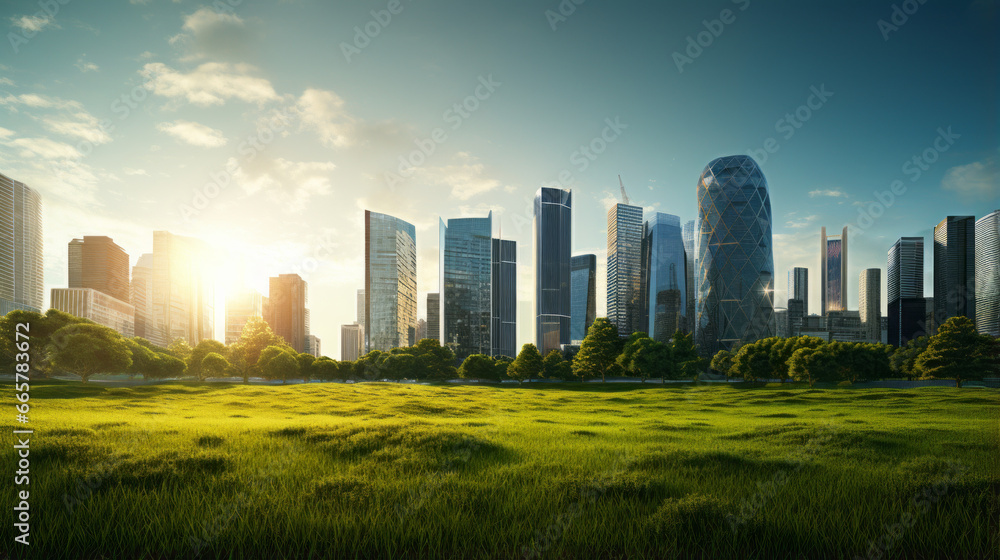 A looming cityscape of tall glass buildings stands amongst a lush sea of green grass, illuminated by the pale light of the setting sun A looming cityscape of tall glass buildings stands amongst a lush sea of green grass, illuminated by the pale light of the setting sun