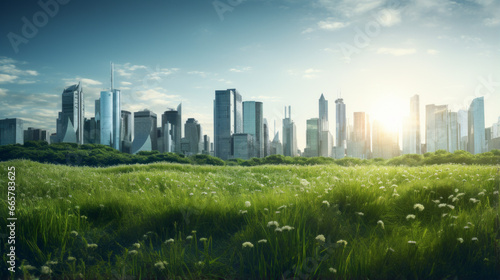 A looming cityscape of tall glass buildings stands amongst a lush sea of green grass  illuminated by the pale light of the setting sun