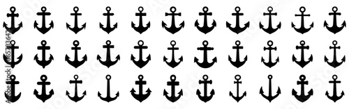 Anchor icon. Various shapes of anchors. Set of black anchor icons