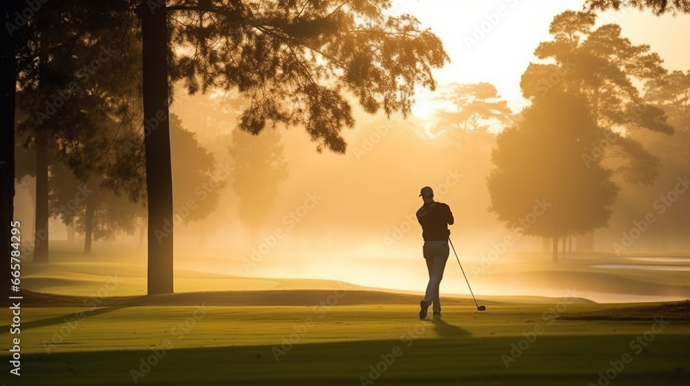 A golfer teeing off on a misty morning, their swing captured in the ethereal light of dawn, creating a tranquil and serene scene on the golf course