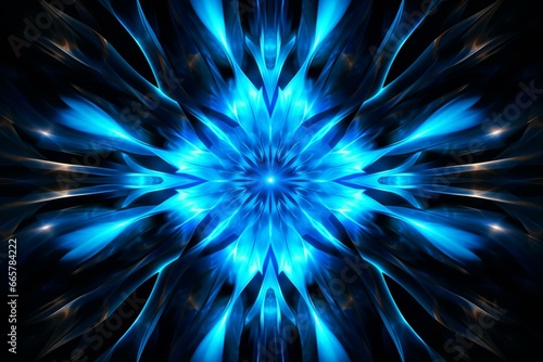 Futuristic background with vibrant blue and black kaleidoscopic patterns. Generative AI