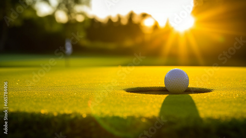 A golfer's ball rolling gently into the cup on a vibrant, sunlit green, capturing the heartwarming moment of a successful putt