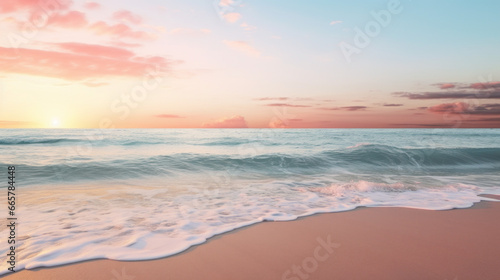 A lonely beach stands against a wide expanse of ocean, the sun setting in the distance and casting a beautiful pink light  © Textures & Patterns