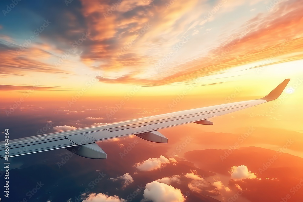 Fototapeta premium Aerial View From Plane Window Of Beautiful Sunset