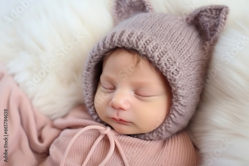 Adorable Newborn Baby With Cat Ear Knit Hat photo