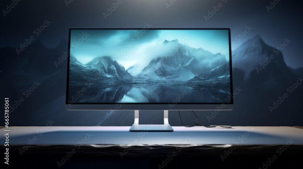 Fototapeta premium A large touchscreen monitor rests atop a desk, its surface responding to the lightest of touches