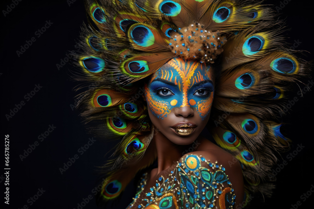 Avant-garde model posing in the studio with heavy make-up and in a scenic costume, hight fashion Avant-garde model posing in the studio with heavy make-up and in a scenic costume, hight fashion