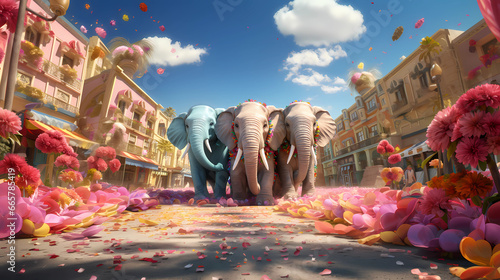 Canvas Print Three large elephants are walking along a street decorated with flowers