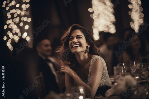 Gala s Grace  Woman Applauding Amidst Soft Focus and Cinematic Ambiance at Dinner Party