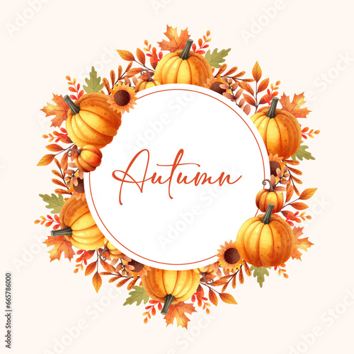 Vector Beautiful Autumn Watercolor fall leaf, pumpkin Wreath Frame