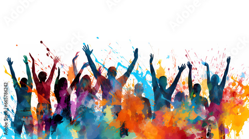 A group of people raising their hands in the air with colorful paint splashs on them and a white background