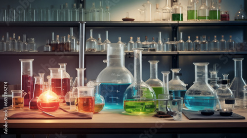 A laboratory bench with a Bunsen burner, beakers, and test tubes filled with various colored liquids photo