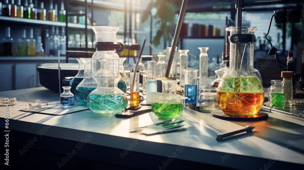 A laboratory bench with a Bunsen burner, beakers, and test tubes filled with various colored liquids A laboratory bench with a Bunsen burner, beakers, and test tubes filled with various colored liquids