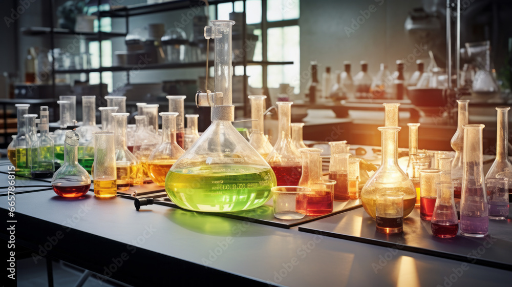 A laboratory bench with a Bunsen burner, beakers, and test tubes filled with various colored liquids A laboratory bench with a Bunsen burner, beakers, and test tubes filled with various colored liquids