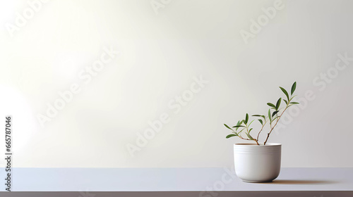 A plant is growing out of a white bowl on a table top with a white wall in the background
