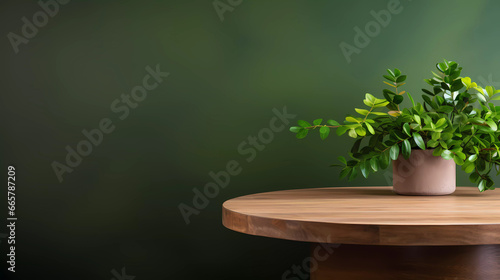 A round wooden table with a plant in the background and a green wall behind it with a plant in the corner