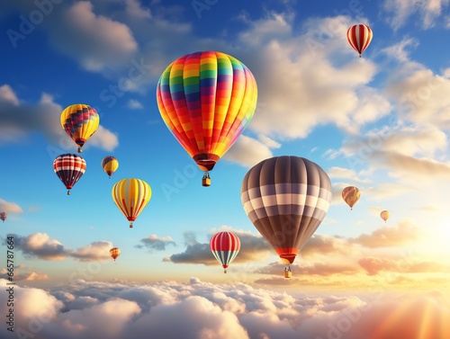 A lot of colorful hot air balloons in the sky, aerial view, transportation concept