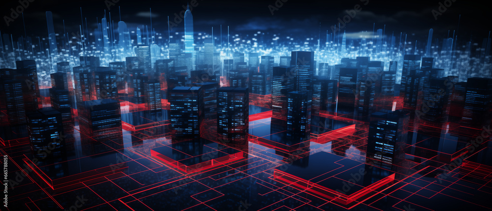 Fototapeta premium Futuristic cybernetic city background, background with code