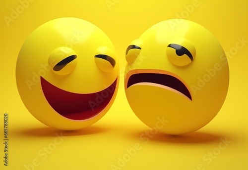 Smiling and sad emoticons. Social networking and communication concept. Abstract emotional face. Facial expression. Sphere. Concept of social life choices, bipolar disorder. Illustration for design.