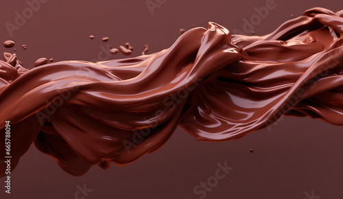 A liquid stream of milk chocolate. Dynamic viscous liquid with small splashes. Illustration for cover, card, postcard, interior design, banner, poster, brochure or presentation.