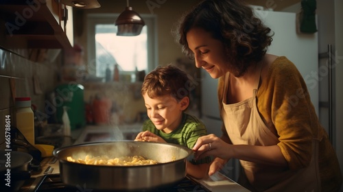 Mother with his son prepare dinner in the kitchen photo
