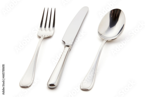 A set of shiny silverware with a fork, spoon, and knife, neatly arranged on a white background, ready for a formal dinner.
