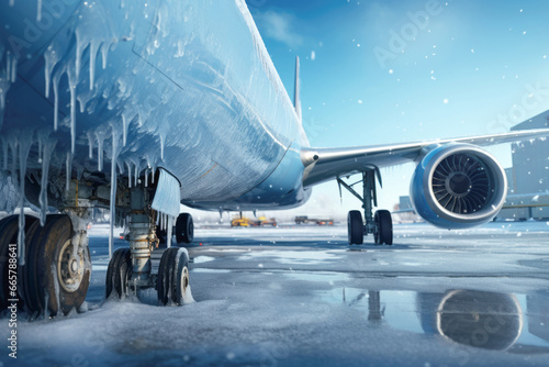 A commercial jet aircraft on a frosty winter day, with its turbines and wings covered in ice as it prepares for takeoff. photo
