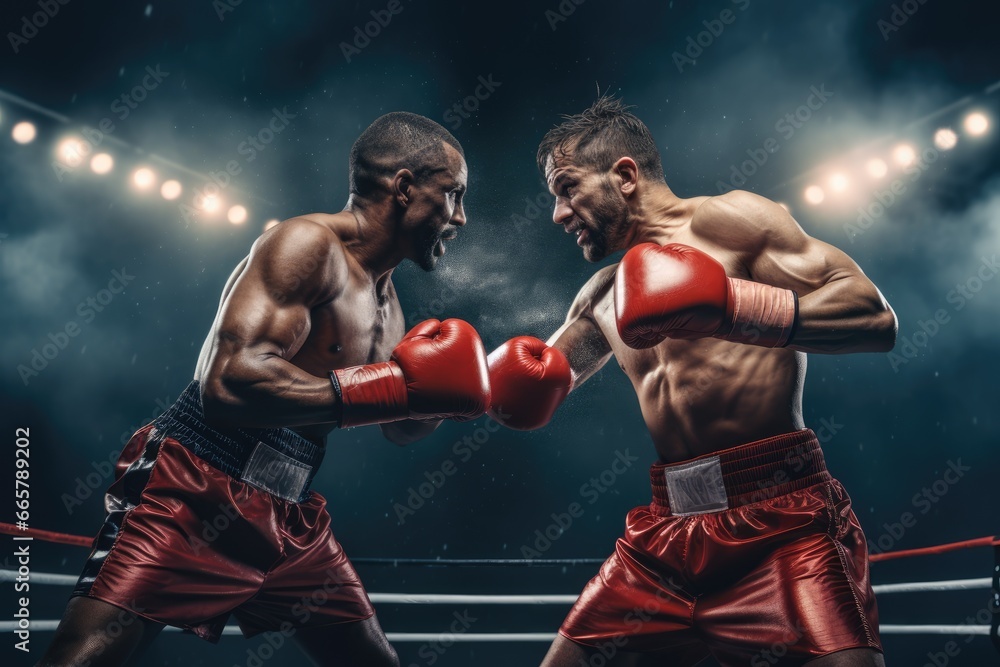 Two boxers in the ring facing each other Two boxers in the ring facing each other
