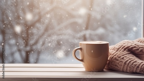 A cup of hot cocoa on the windowsill. Banner, place for text