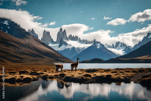 Patagonian scenery with mountain and guanaco.
 photo