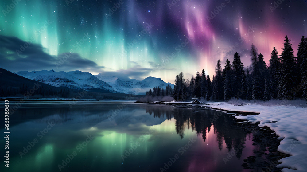 Glistening Winter Wonderland, Enchanting Aurora Lights Reflecting Upon Icy Blue and Green Colors, Perfect for Christmas and New Year Card Background