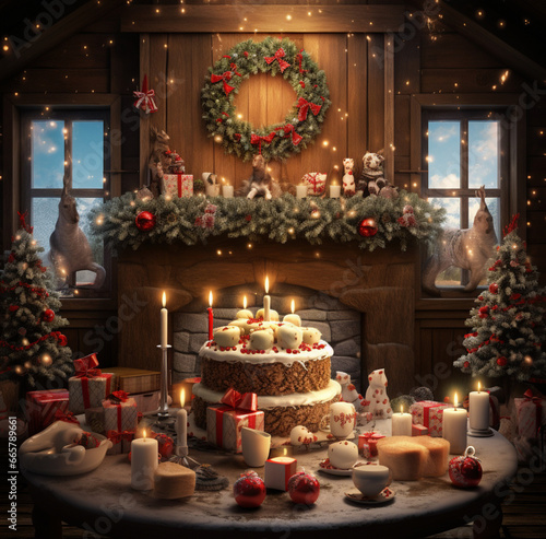 A cozy, festive scene featuring a beautifully adorned Christmas tree and stockings hung by the fireplace