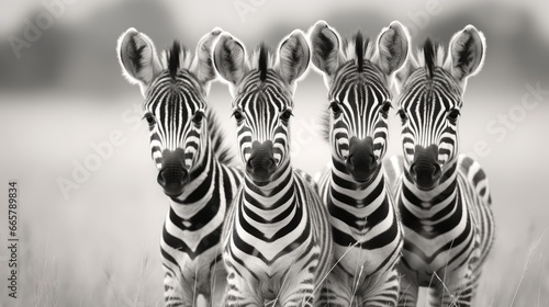 Several baby zebras stand in the savannah and look at the camera. Illustration for cover, card, postcard, interior design, banner, poster, brochure or presentation.